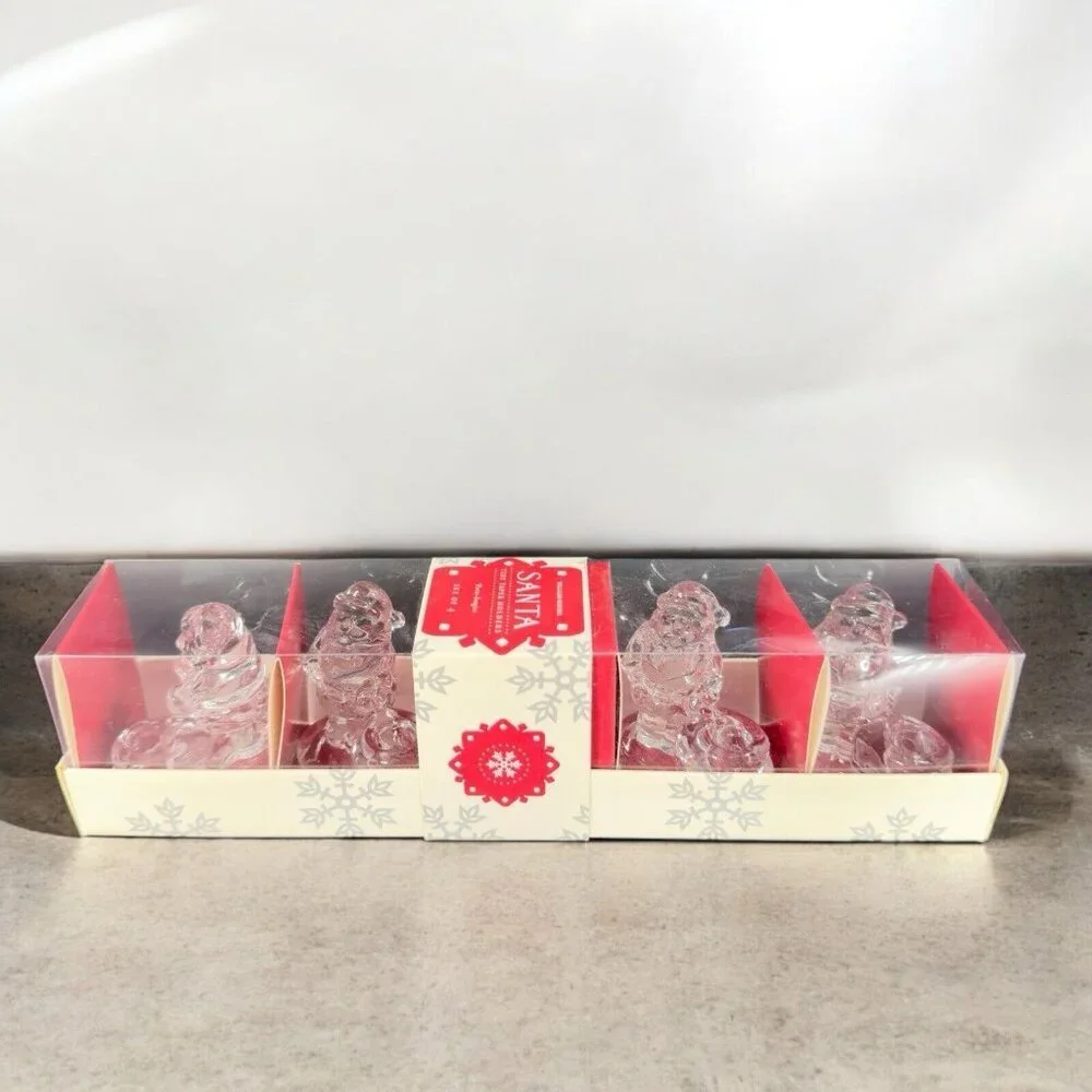 Williams Sonoma Clear Glass Santa Taper Candle Holders Christmas New In Box
